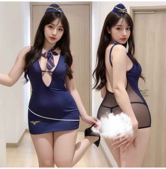 FEE ET MOI - Private Stewardess Bodycon Skirt Costume Set (Plus Size - Blue Black)